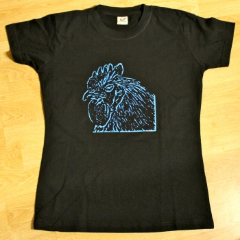Shirt schwarz mit Flexdruck Hahn blau